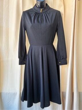 SEARS 70s Vintage Black Pleated Tie Waist Dress XS